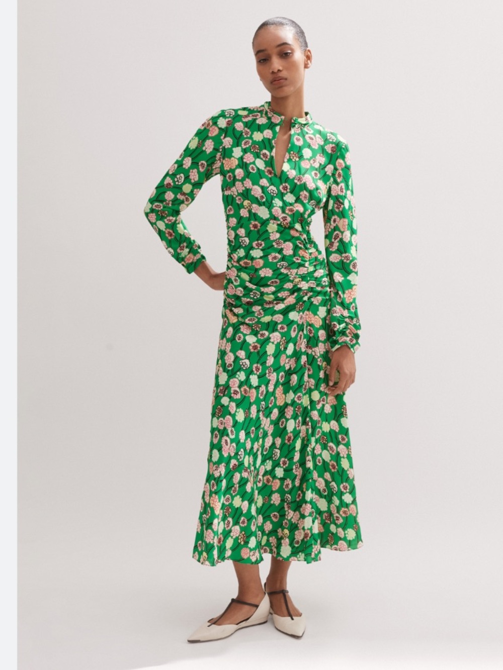 NWT ME+EM Dress Lantana Flower Print Midi Ruched in Green Pink Multi